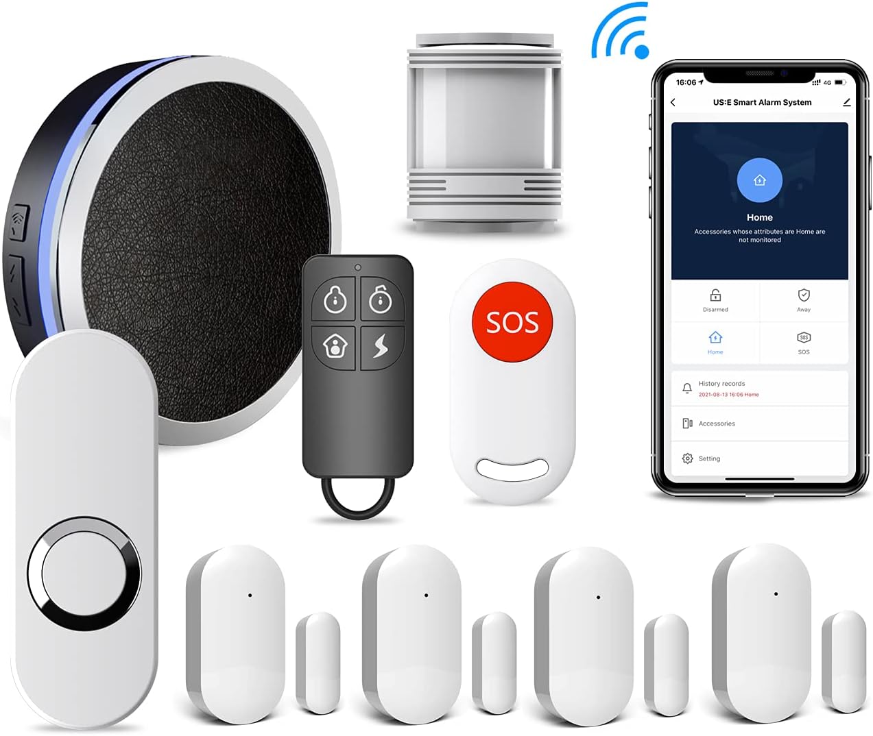 US:E Smart Wireless DIY Home Security Alarm System,9 Piece Kit, Doorbell, Motion Sensor, Entry Sensor, Remote Control, Panic Button, Compatible with Amazon Alexa and Google Assistant, No Contract