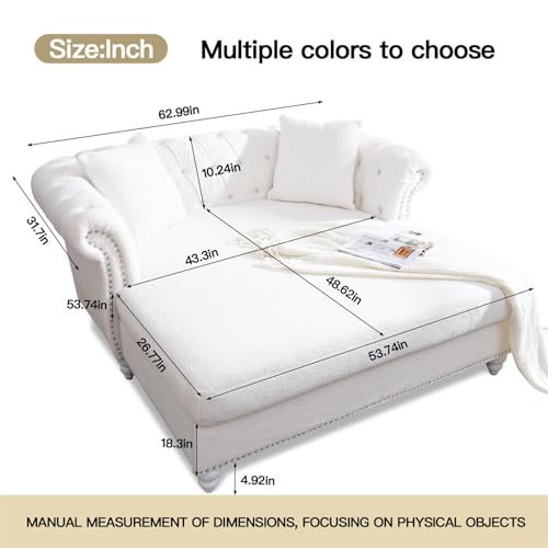 63" Chesterfield Double Chaise Sofa, Velvet Chaise Lounge Chair Indoor with 2 Pillows andRolled Arm Oversized Loveseat Sofa (White)