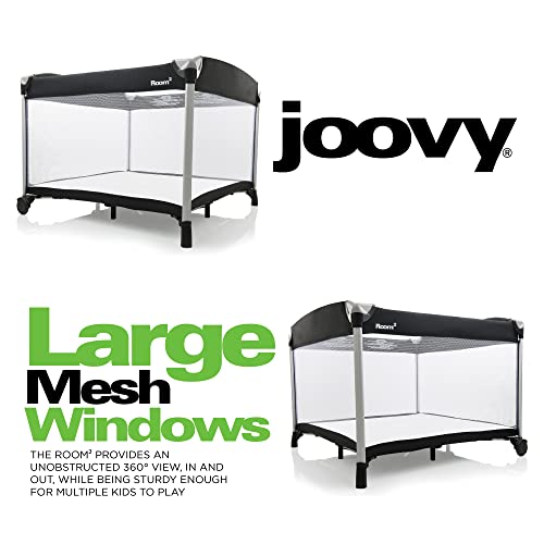 Joovy Room² Large Portable Playpen for Babies and Toddlers with Nearly 10 sq ft of Space, Large Mesh Windows for 360 View, and Waterproof Mattress Sheet - Folds Easily when Not in Use (Charcoal)