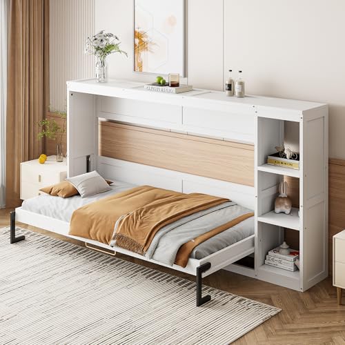 Wooden Murphy Cabinet Bed Frame with Charging Station, Full-Size Foldable Wall Bed with Large Storage Drawer for Home Apartment Limited Living Places, Space-Saving Hidden Bed No Box Spring Needed