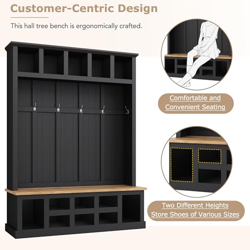 LUMISOL Wide Entryway Hall Tree with Storage Bench, 78''H Entryway Shoe Cabinet with Cube Storage, Hallway Coat Rack with 6 Hooks for Mudroom Living Room, Black