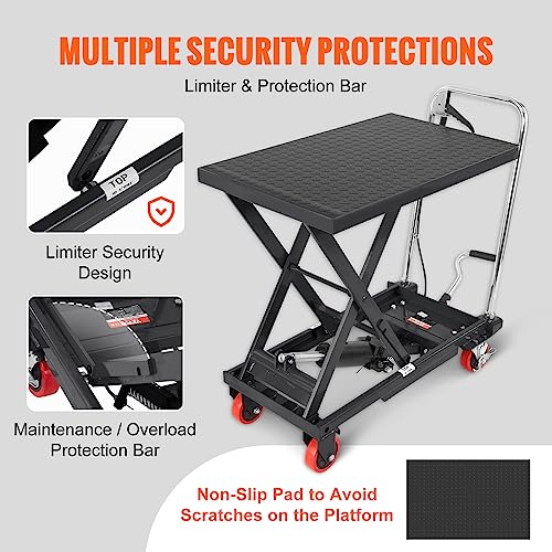 VEVOR Electric Lift Table, 330 lbs Capacity Single Scissor Lift Table, 8-28 in Height Adjustable Lifting Platform, Coffee Table Lift with 4 Wheels, for Material Handling and Transportation, Black
