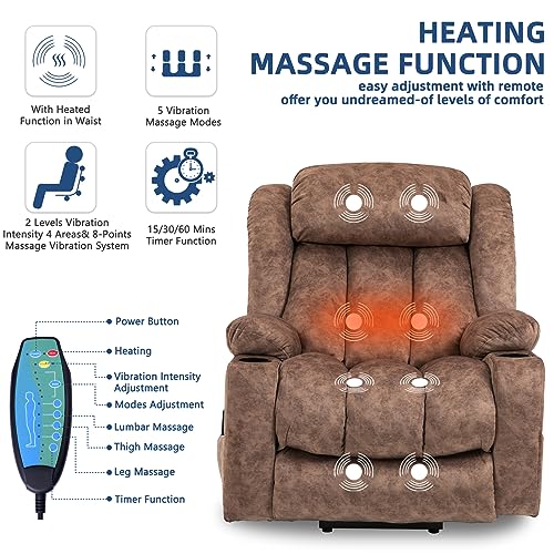 Large Electric Power Lift Recliner Chair with Extended Footrest for Elderly Big Man, Overstuffed Wide Massage Lounge Chairs with Heat, 2 Cup Holders, Side Pockets & USB Ports, Fabric Gray