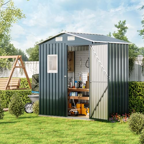10X12X7.5 FT Outdoor Steel Storage Shed with Lockable Doors, 2 Windows, Transparent Roof Panels (Wood Panels & Frame Floor Not Included), Ideal for Patio Storage,Garbage Can, Chicken Coop，Brown