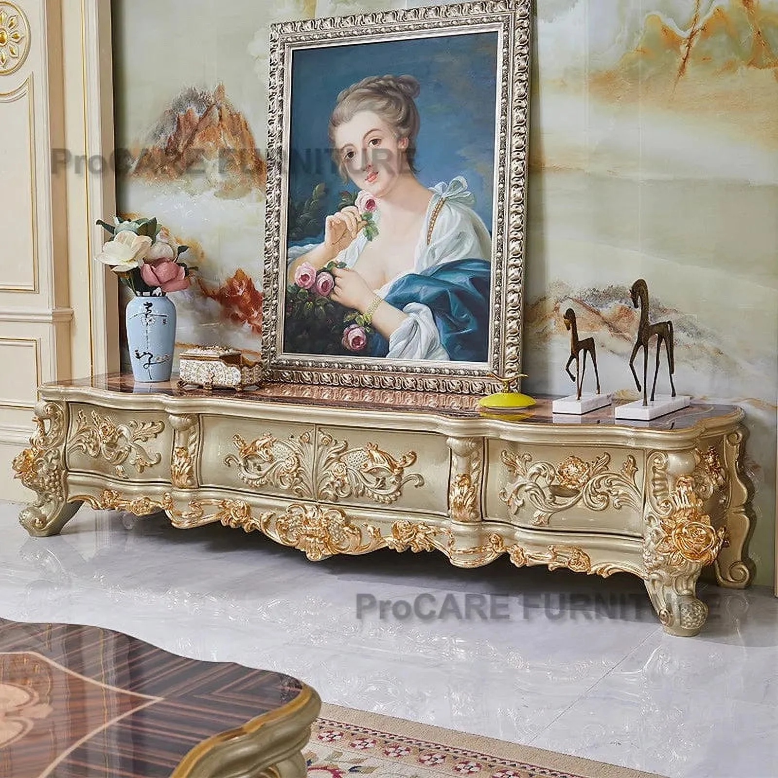 European style villa solid wood tv cabinet living room furniture oak carved golden luxury center table TV cabinet combination