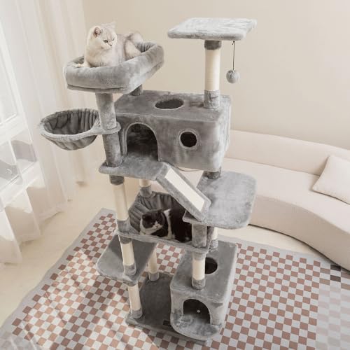 73 inches Large Cat Tree for Indoor Cats, Tall Cat Tower with Sisal Scratching Posts and Pads, Padded Plush Perch, Cozy Basket, Plush Condo for Large Cats, Beige