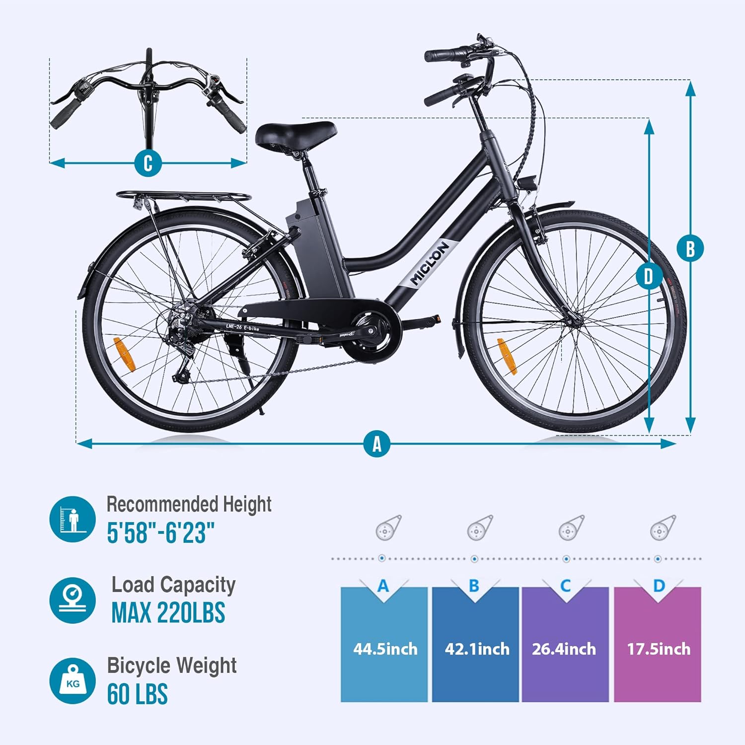 MICLON LNE 26 Electric Bike for Adults, Removable 36V 10AH Battery, Up to 40 Miles, 250W Brushless Motor, Adjustable Handlebars, Rear Rack, LED Lights, Shimano 7 Speed, 26&rdquo; City EBike
