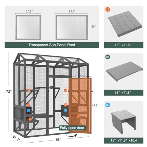 Catio Outdoor Cat Enclosure, Large Cat House for Mulitiple Cats Walk in Cat Cage with Waterproof Cover and Sunshine Panel Roof, Feral Cat Shelter with 7 Platforms and 2 Resting Box, 72 inch
