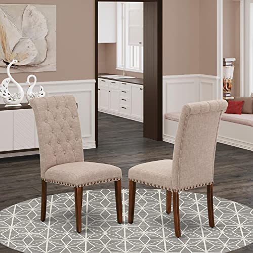 East West Furniture BRP2T02 Parsons Dining Button Tufted Nailhead Trim Light Beige Fabric Upholstered Chairs, Set of 2, Linen White