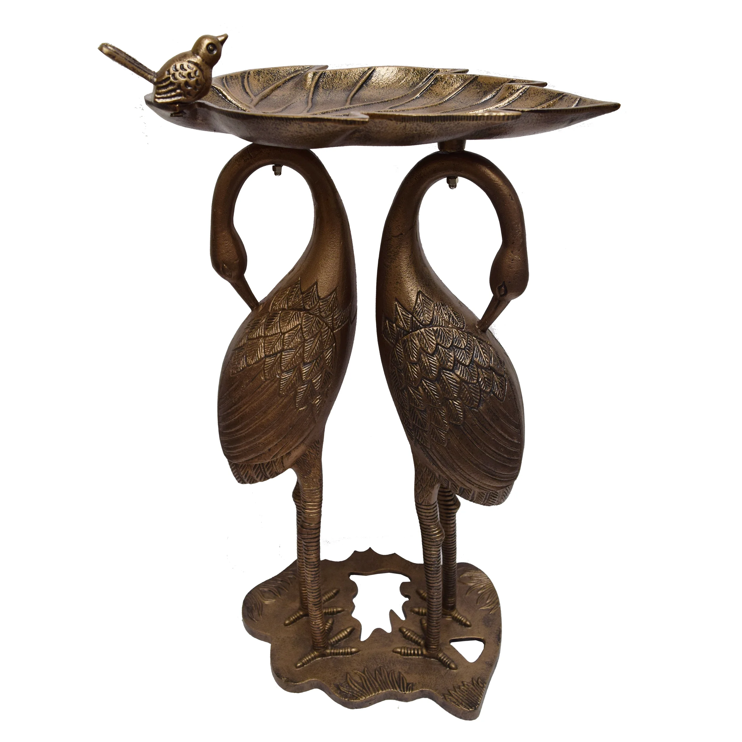 Cast Aluminum 30-in Twin Crane Bird Bath with Leaf Bowl
