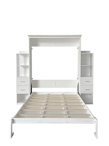 Queen Size Murphy Bed Wall Bed with 2 Side Cabinet Storage Shelf & Desk Combo,68-inch Vertical Wall Bedframe w/Can Be Folded for Bedroom Guest Room Small Space, White