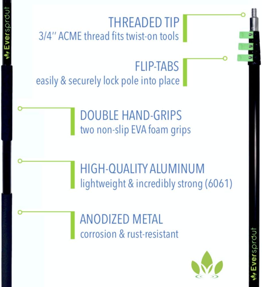 EVERSPROUT 7-to-20 Foot Extension Pole Total Kit (25+ Ft Reach) | Telescopic Pole, Scrub Brush, Light Bulb Changer, Hook, Swivel Squeegee, 3x Microfiber Dusters (Cobweb, Flexible Ceiling Fan, Feather)