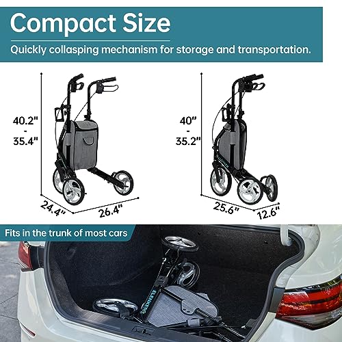ELENKER 3 Wheel Walkers for Seniors, 3 Wheeled Rollator with 10” Wheels, Narrow Walkers for Small Spaces, Compact Folding, Ideal for Traveling, Blue