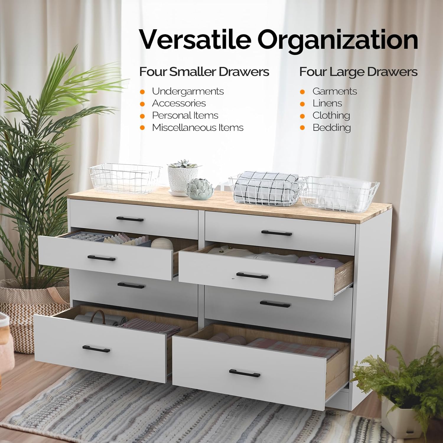 VINGLI 8 Drawer Dresser for Bedroom, White Dresser, Kids Dresser Wood Chest of Drawers, Baby Dresser for Nursery, Nursery Dresser, Storage Dresser Cabinet, Long Dresser, Modern Dresser, Brown Top