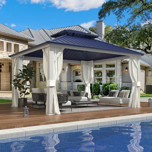 EROMMY 14'x20' Hardtop Gazebo Double Roof Galvanized Steel Canopy Outdoor Aluminum Frame Permanent Metal Pavilion with Netting and Curtains for Patio Backyard Deck and Lawns