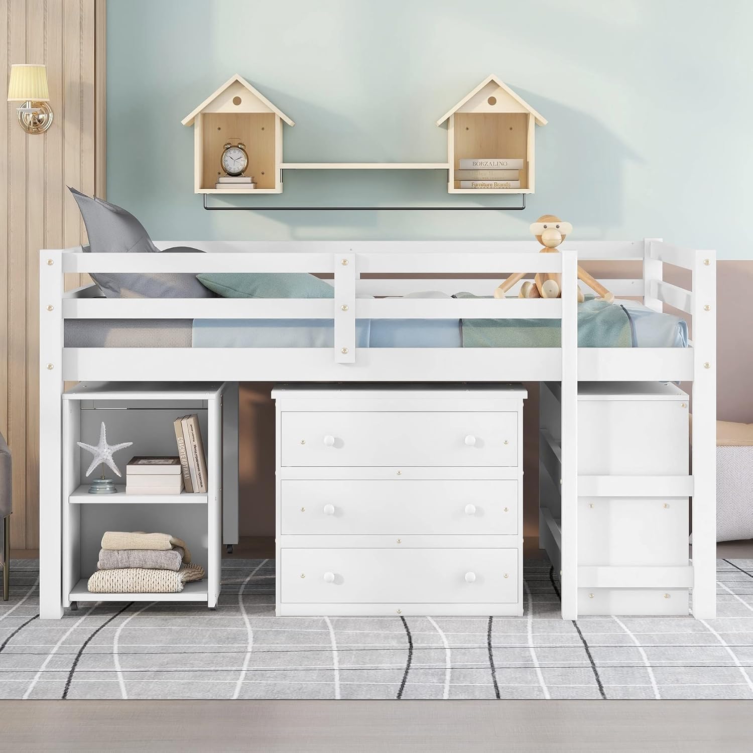 Full Size Low Loft Bed with Cabinet Shelves and Rolling Portable Desk White Mid-Century Modern Contemporary Unisex Nature Sports MDF Pine Varnished Hidden Storage Includes Hardware