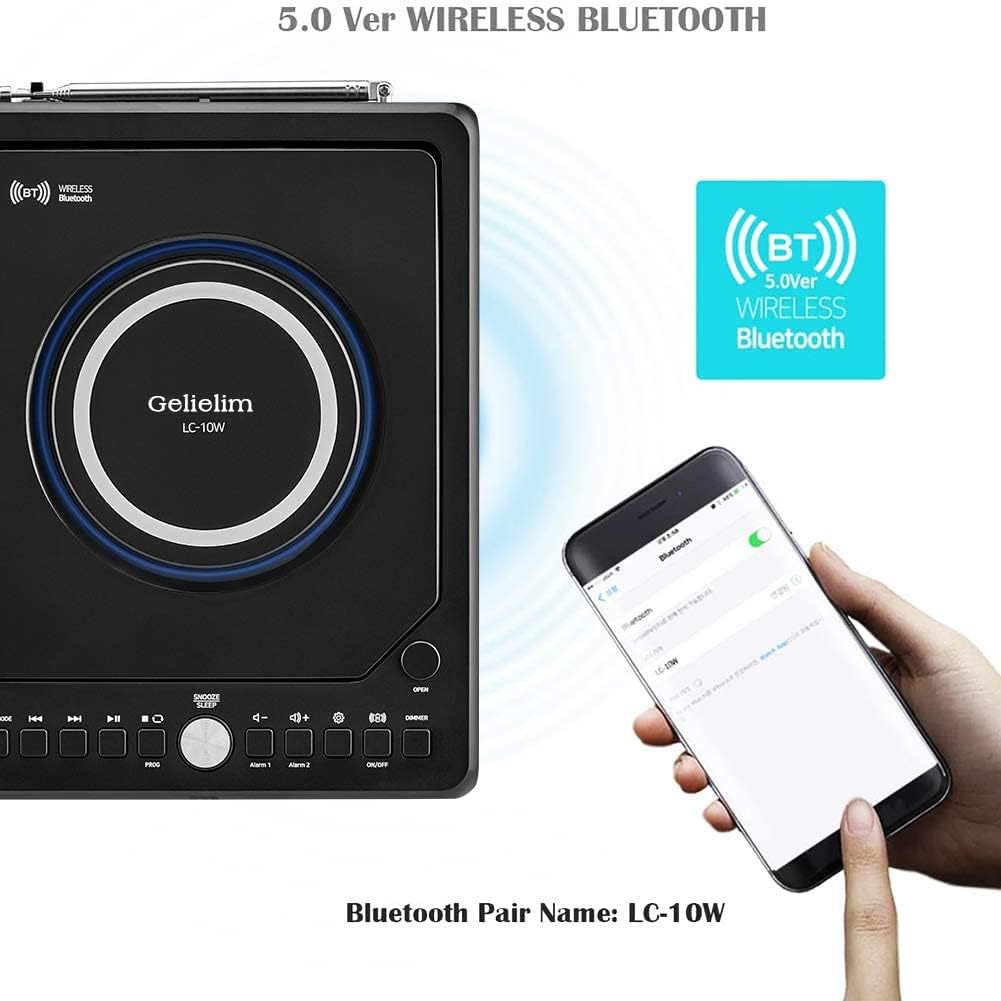 CD Player Boombox with Remote, Dual Alarm Clock Radio, Wireless Charger, Bluetooth Digital FM Radio, MP3/USB Music Player, Snooze & Sleep Timer, Dimmable Mirror LED Display,Black