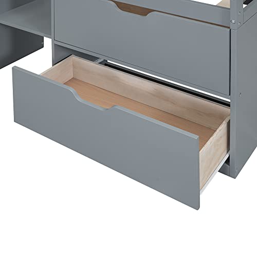 Twin Size Wood Loft Bed with Desk and Drawers, Convertible Shelves, Cabinet and Ladder, for Kids Teens, White