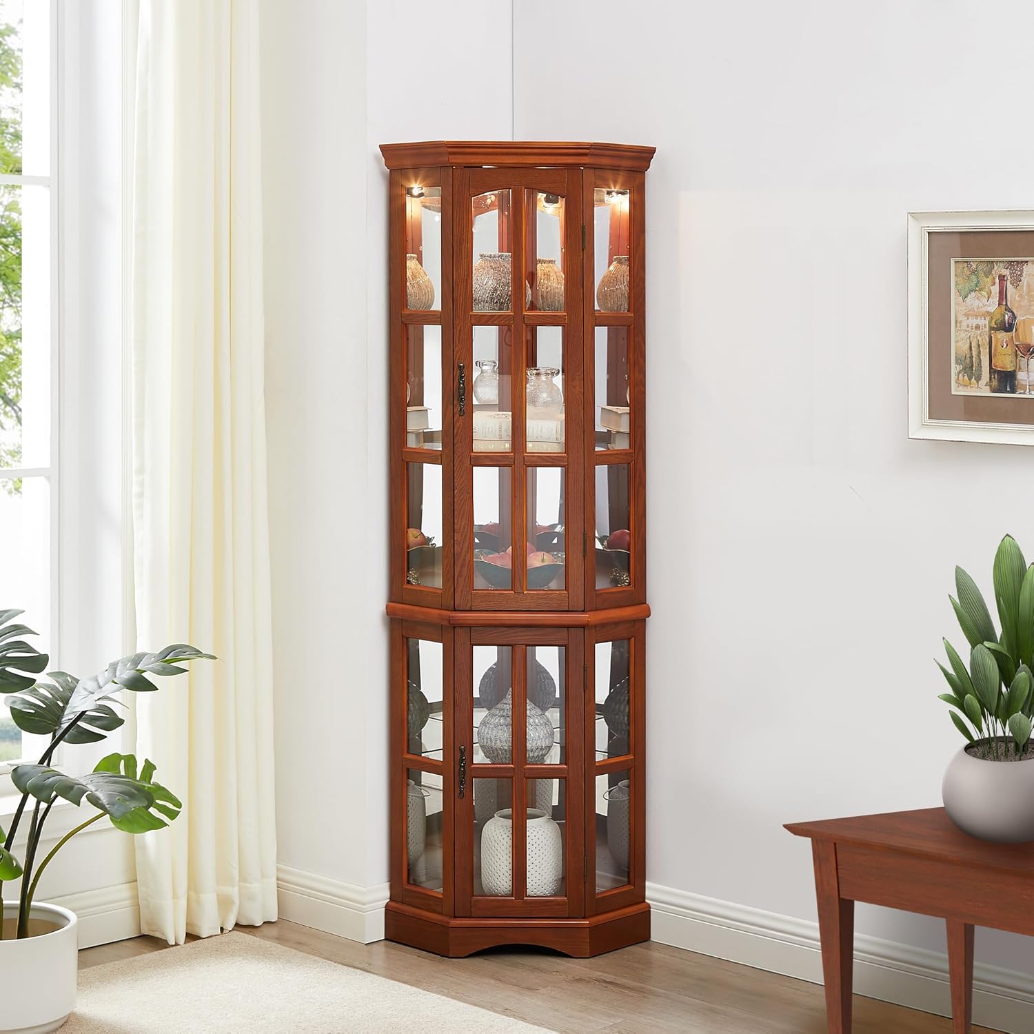 Curio Cabinets With Glass Doors, Corner Curio Cabinet with 5 Shelves and Lighting System, Display Cabinet with Glass Doors for Living Room, Home, Office, Study Room-Oak (light bulb not included)