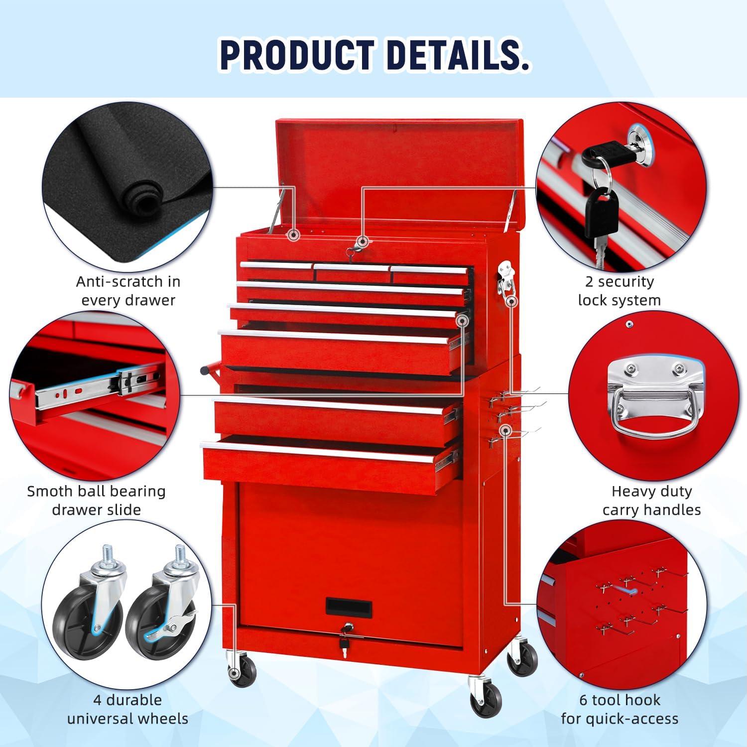 Tool Chest, 8-Drawer Rolling Tool Chest with Wheels, Detachable Red Metal Tool Cabinet with Lock Top Tool Box, for Garage, Warehouse, Workshops, Repair Shop