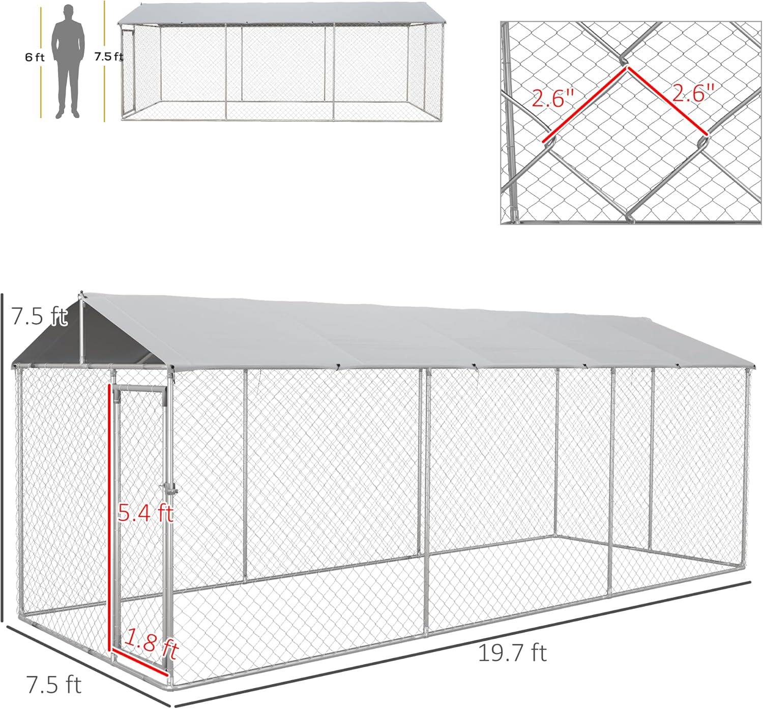 PawHut Large Dog Kennel Outside, Heavy Duty Dog Cage with Waterproof Cover, Outdoor Fence Dog Run with Galvanized Chain Link, Secure Lock, 19.7' x 7.5' x 7.5'
