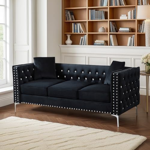 Antetek Velvet Sofa Set for Living Room, Modern Upholstered Loveseat and 3 Seater Cloud Sofa Couches w/Crystal Buttons/Pillows for Living Room, Apartment, Office, Furniture Sets, Blue(2 Pieces)