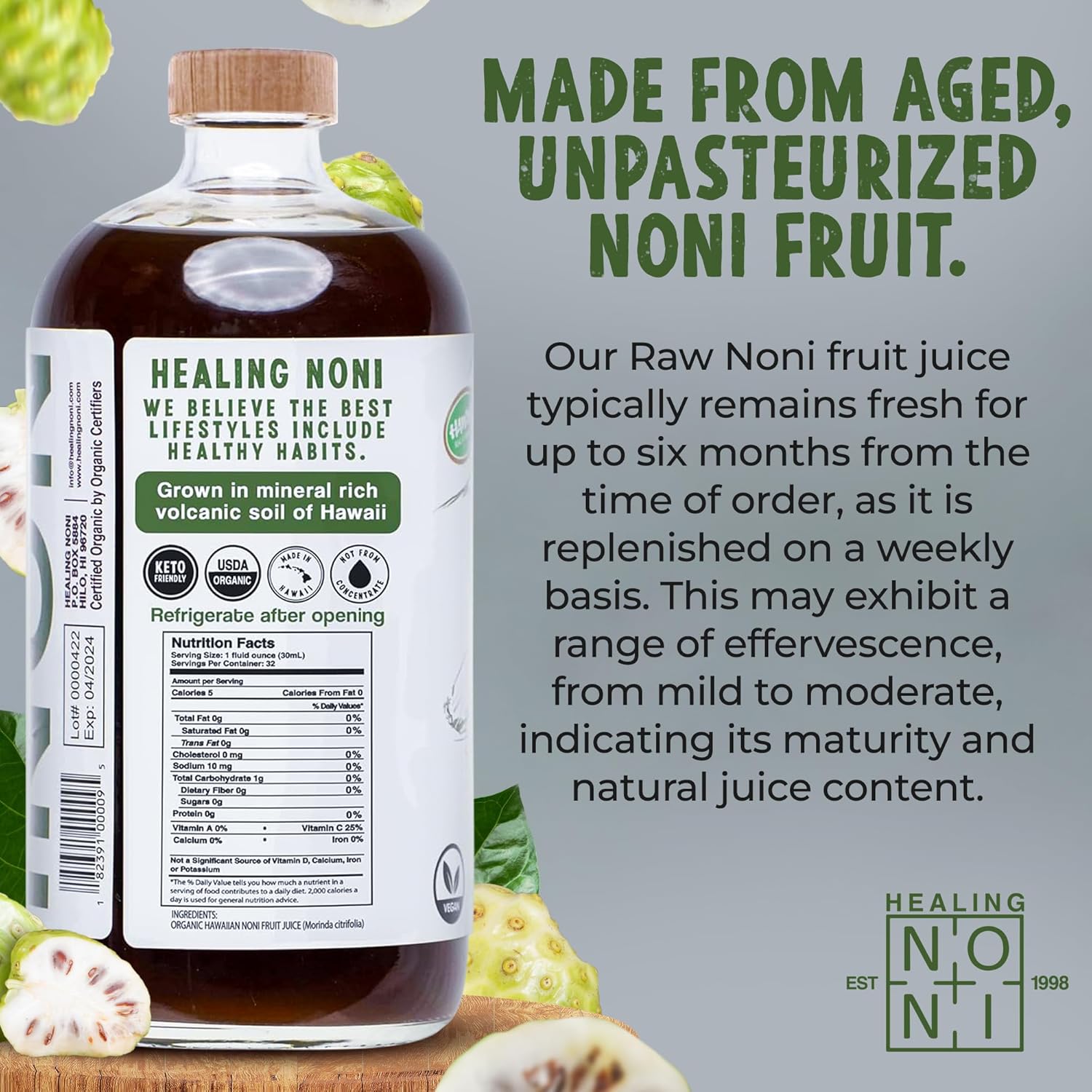 Healing Noni - 4-Pack Glass Bottle 32oz - 100% Pure Hawaiian Raw-Organic Juice - All-Natural Unsweetened Fresh Fruit - Farm Direct - USDA Certified