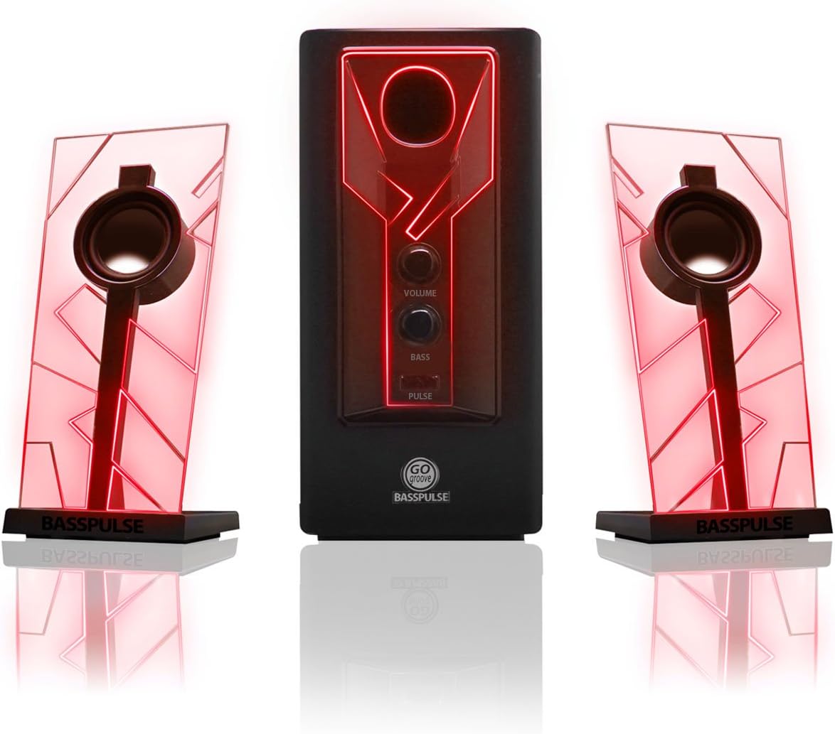 GOgroove BassPULSE 2.1 Computer Speakers with Green LED Glow Lights and Powered Subwoofer - Gaming Speaker System for Music on Desktop, Laptop, PC with 40 Watts, Heavy Bass Pack of 2