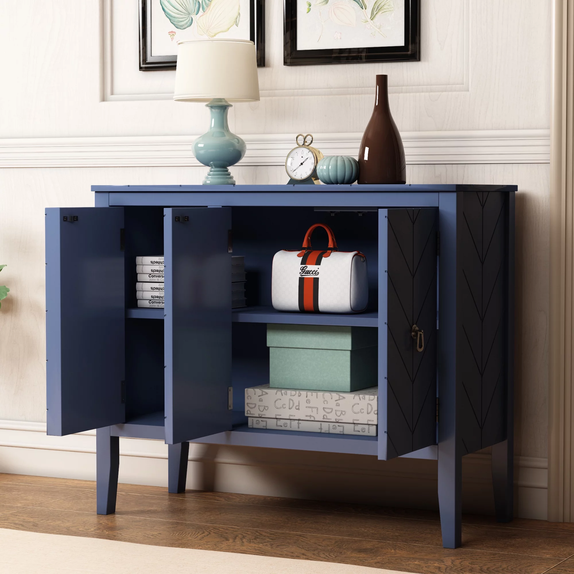 Ouyessir Solid Wood Buffet Sideboard Entry Console Table, Antique Storage Cabinet with Doors and Adjustable Shelf, for Living Room, Dining Room, Kitchen, 37" L x 15.7 W x 31.5 H, Navy Blue