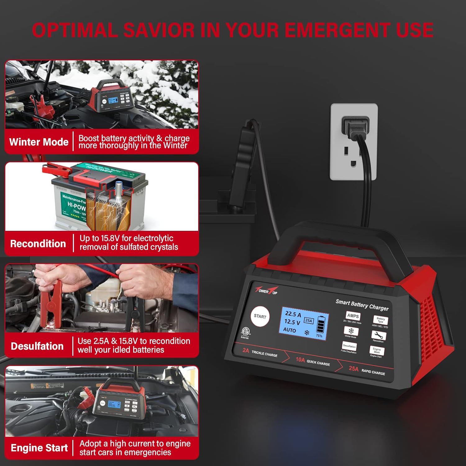 TowerTop Battery Charger, 2/10/25Amp 12V Fully Automatic Smart Trickle Charger, Automotive Battery Maintainer with Engine Start, Winter Mode, Recondition, Desulfation, LCD Display, ETL (BC-025 PRO)