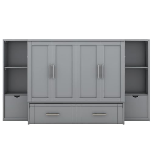 Full Size Murphy Wall Bed With Storage and Bookcase Headboard, Solid Wood Cabinets With Shelves, Drawers and USB Ports, Multi-Function Platform for Home Office, Guest Room - White