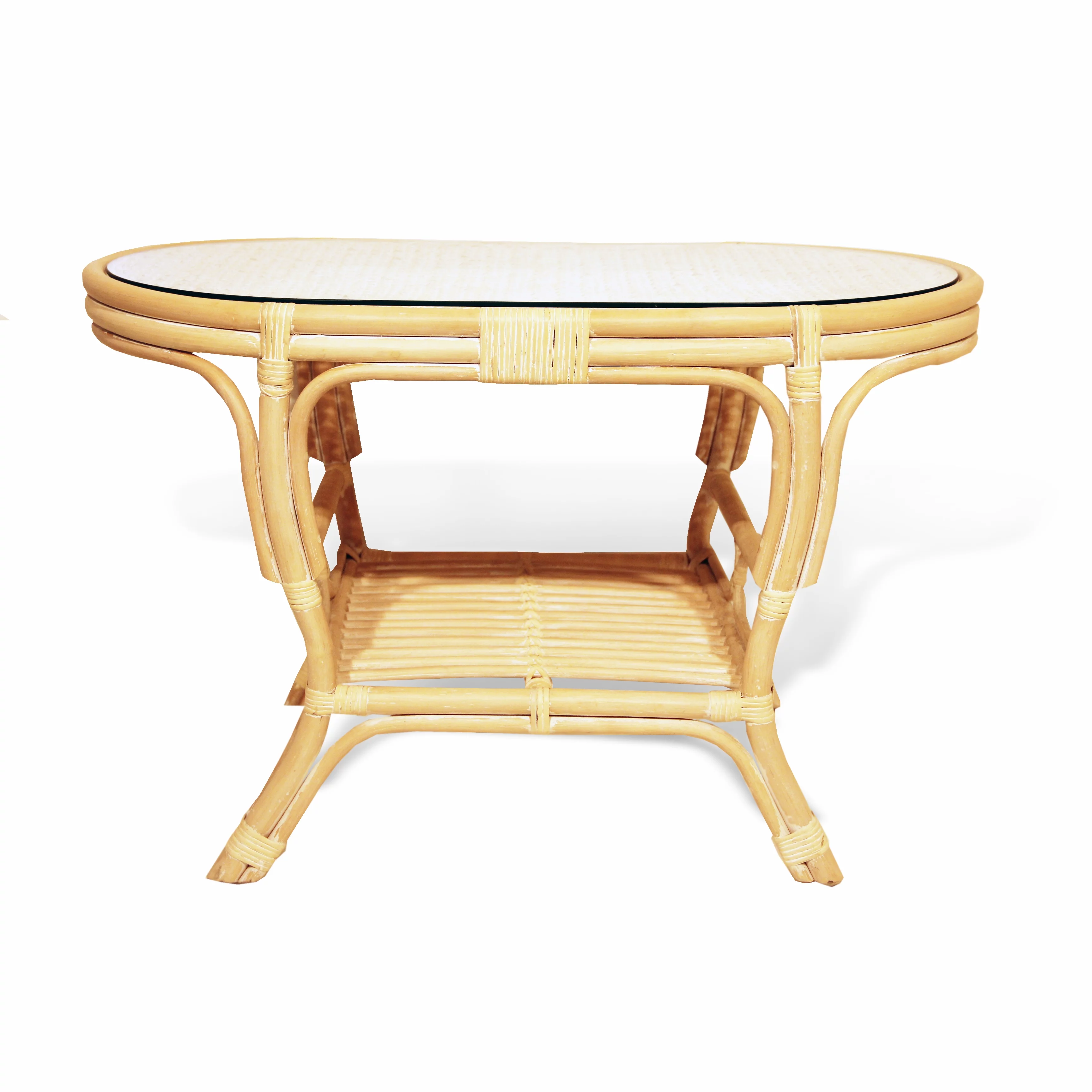 Pelangi Coffee Oval Table w/Glass Top Natural Rattan Wicker Handmade Design, White Wash