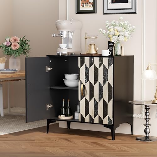 Anbuy Sideboard Buffet 2 Packs Kitchen Storage Cabinet with 4 Faux Marble Doors, Hallway, Liquor/Accent Cabinet with Gold Handles, 27.6 X 15.75X 31.5 Inches, Black