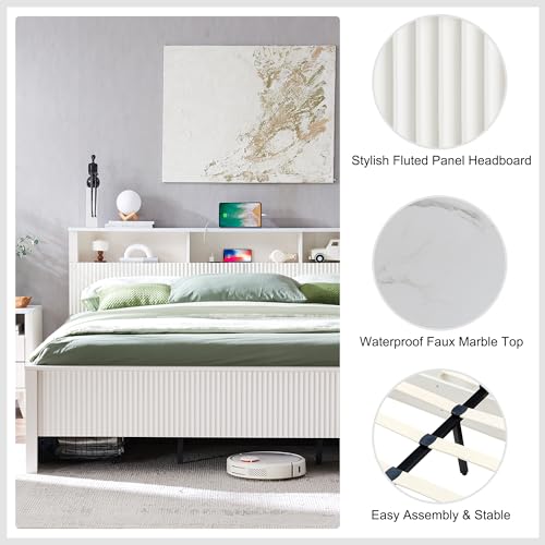 T4TREAM Fluted Panel King Bed Frame with Bookcase Headboard & Charging Station, Modern Wood Platform Bed with 4 Drawers, Wood Slats Support, Noise Free, No Box Spring Needed, Dark Grey