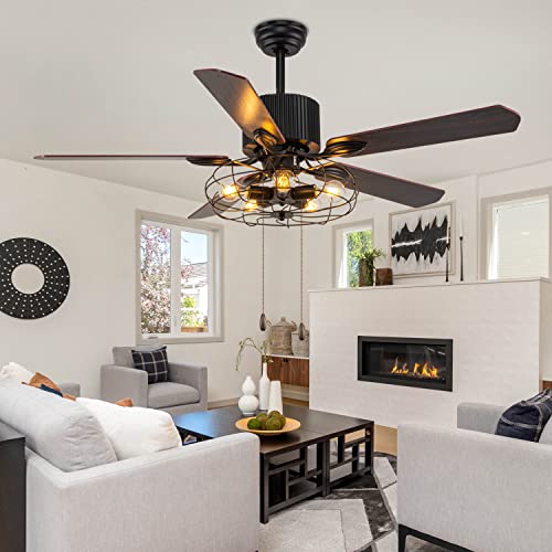 Farmhouse Caged Ceiling Fan with Lights Remote Control, 52" Industrial Black Chandelier Fan Pull Chain, Rustic Vintage Ceiling Fan Light with 5 Reversible Blades for Bedroom, Living Room