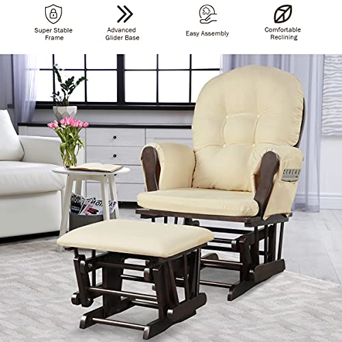 Costzon Nursery Glider with Ottoman, Upholstered Comfort Glider Rocker with Padded Cushion, Storage Pocket, Solid Wood Base, Rocking Chair Nursery for Breastfeeding, Maternity, Napping (Brown)