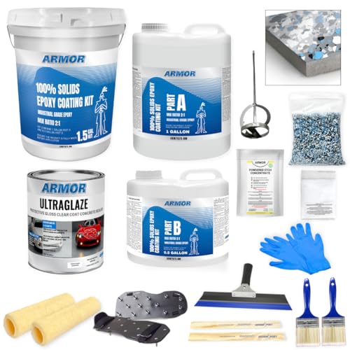 Garage Epoxy Floor Kit – 100% Solids - 2 Part Industrial-Grade Coating w/UltraGlaze Topcoat | DIY Slip & Hot Tire Resistant | 300 Sq Ft - Blue - 17 pc kit