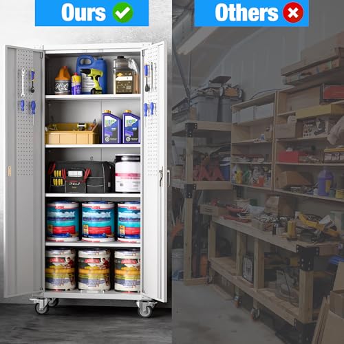 73" H Metal Storage Cabinet with Wheels, Garage Storage Cabinet with 4 Adjustable Shelves and Lockable Doors for Garage Home Office Utility Room,Required Assembly,Black