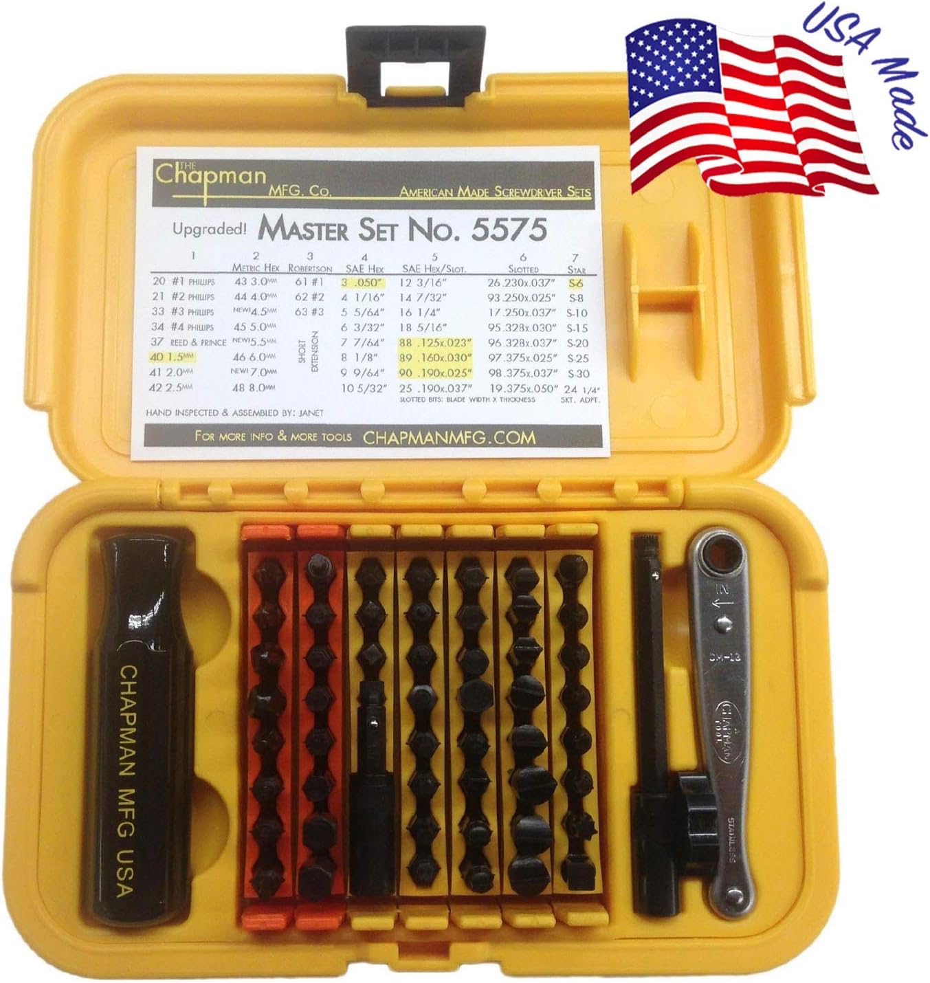 Chapman MFG 5575 Master Screwdriver Set - Includes Phillips, Metric, Slotted, SAE & Metric Hex Bits, Star Bits (for Torx Screws) - Complete Set Offers 51 USA Made Insert Bits & 300+ Combinations