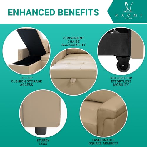 Naomi Home Jenny Sectional Sofa Sleeper with Storage Chaise, Tufted Pull Out Couch with Storage, L-Shaped Reversible Sleeper Sofa with Storage, Black,Air Leather