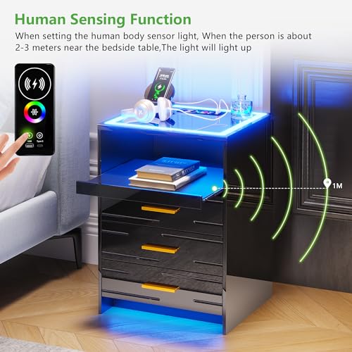 HNEBC RGB LED Nightstand with Wireless Charging Station, Smart Night Stand with 3 Drawers and Sliding Tray, Modern Bedside Table for Bedroom Furniture, High Gloss End Sofa Tables (B Black)