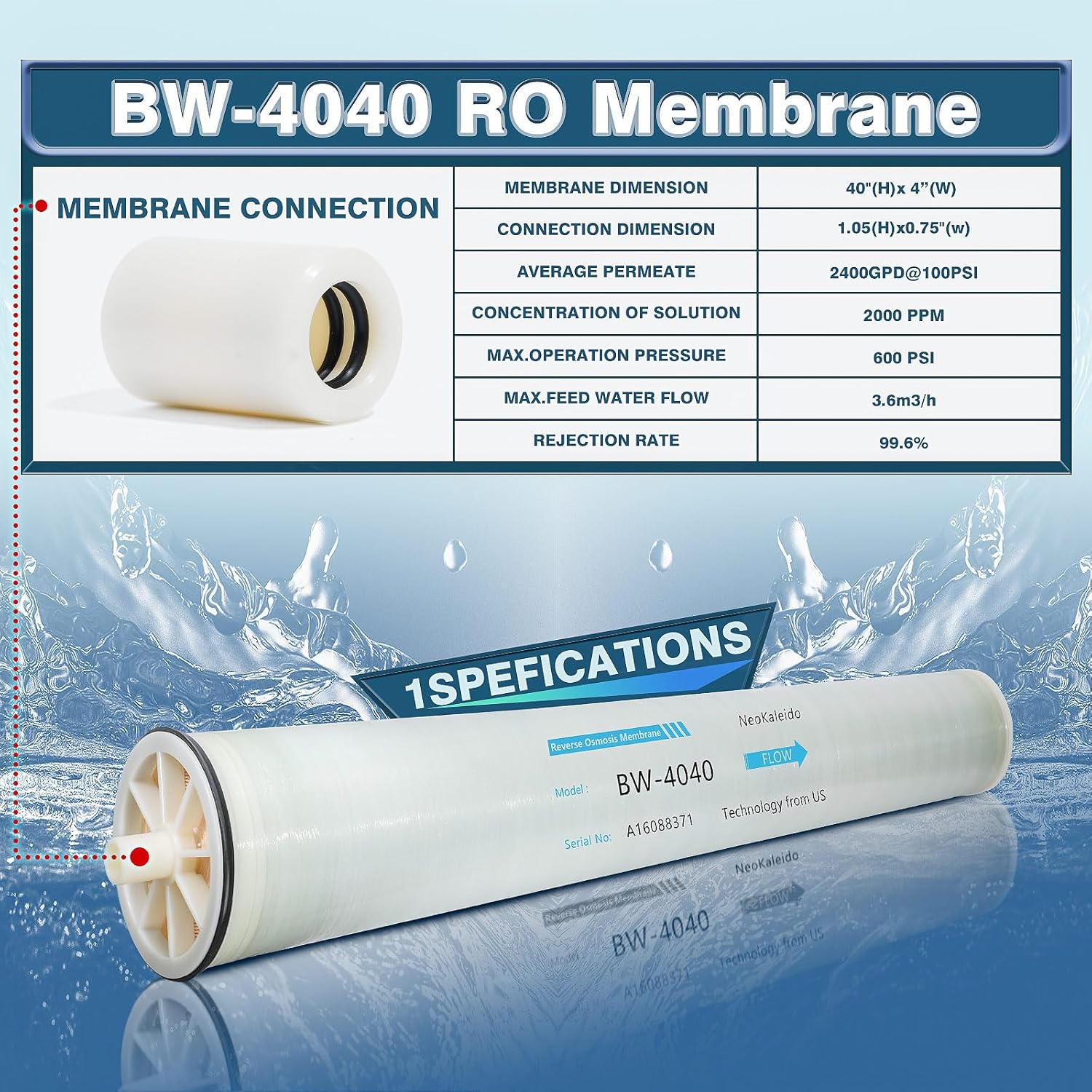 BW-4040 Reverse Osmosis Membrane, BW4040 RO Membrane - High Performance for Commercial, Industrial, Agricultural, and Residential Use - 2400 GPD, Size 4" x 40"