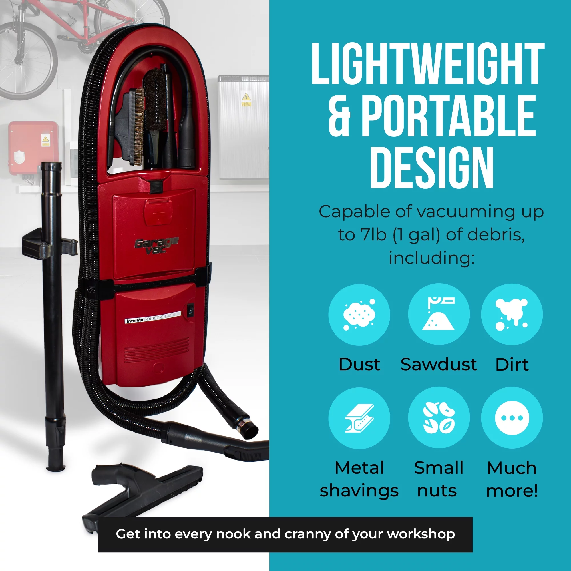 InterVac Garage Vacuum Cleaner for Workshop, 1 Gallon Garage Vacuum Wall Mounted, Stretch Hose Shop Vacuum for RVs, Boats, Cabins and Utility Rooms