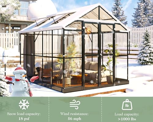 8x10x7.5 FT Greenhouse - Outdoor Aluminum Polycarbonate Greenhouse with Ventilation and Rain Gutter, Double Doors with Hook, Walk in Greenhouse for Outdoors, Backyard, Garden (Black)