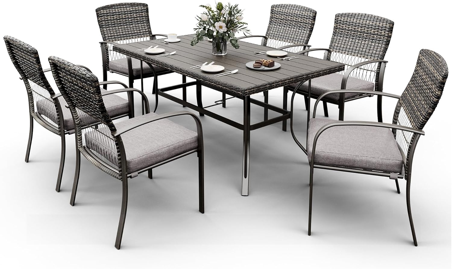 Pamapic Patio Table and Chairs Set, All-Weather Rattan Outdoor Table and Chairs with Removable Waterproof Cushions, Plastic-Wood Patio Dining Set for 6 with Umbrella Hole(Gray)