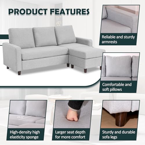 Babion 79" Convertible Sectional Sofa Couch, Linen Fabric L-Shaped Couch 3-Seat Sofa with Removable Ottoman for Living Room, Apartment and Compact Spaces, Light Gray