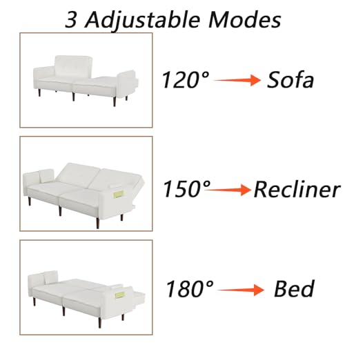 Modern Upholstered Convertible Futon Sofa Bed with Storage Pockets and 2 Pillows, Foldable Sleeper Sofa Armrest Couch w/6 Solid Wood Legs for Living Room Apartment (Pink)