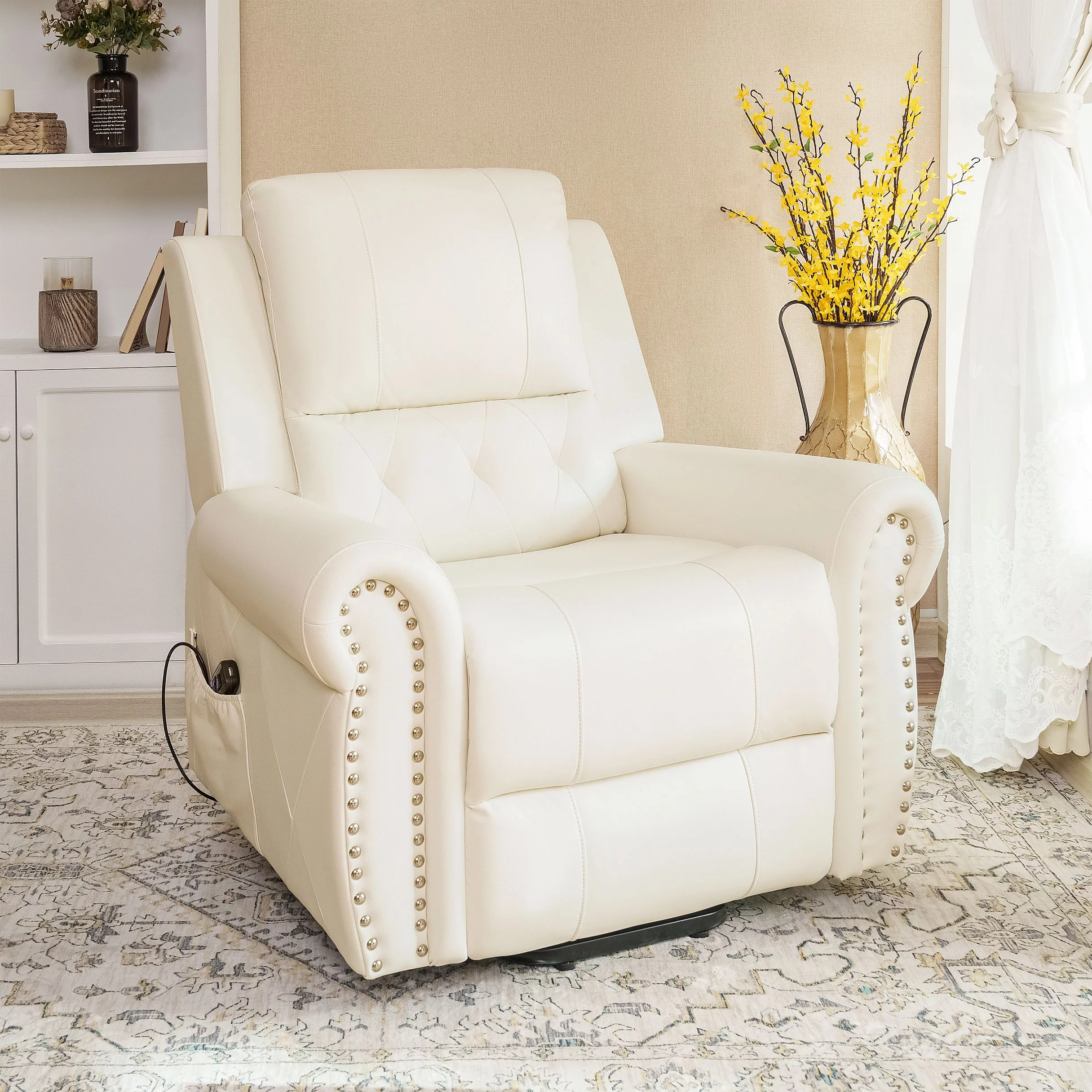 Tatiana Oversized Air Leather Power Lift Recliner Chair with Footrest. Reclining Chair with Remote Control, Premium Studded