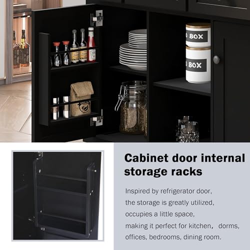 53.5Inch Kitchen Island with Power Outlet, Storage Cabinets Trolley with Drop Leaf, Spice Rack and Drawer, Rolling Kitchen Cart on Wheels, for Farmhouse and Dining Room, Black