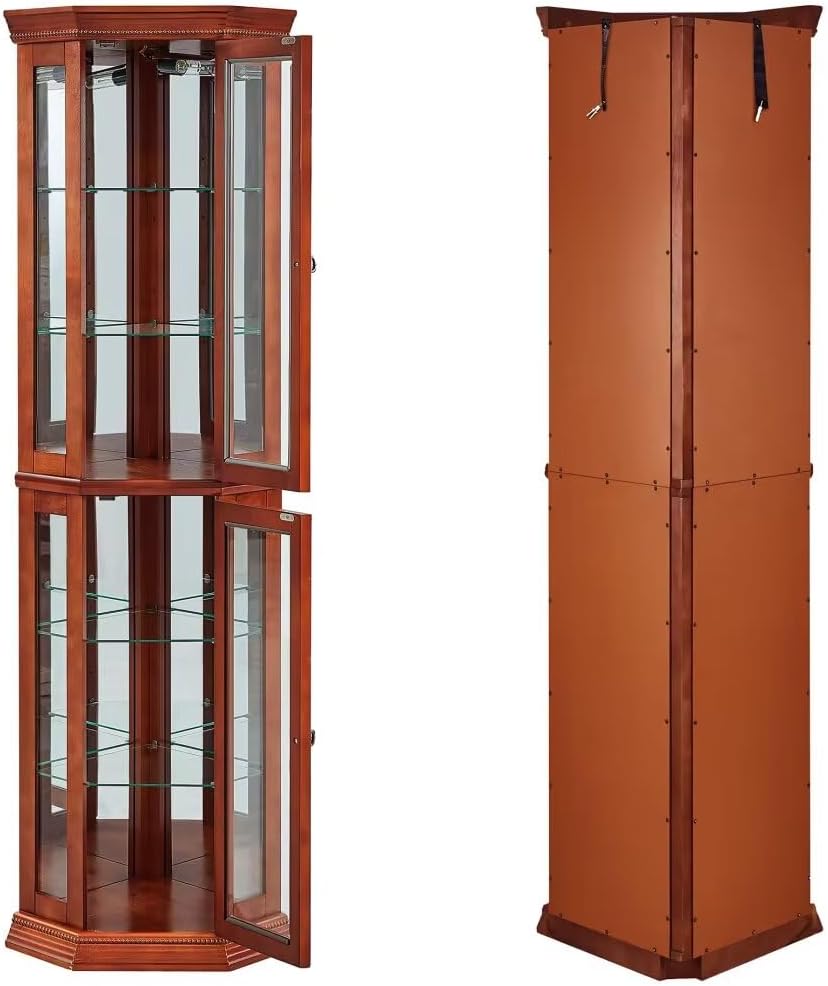 Lighted Curio Cabinet 6 Shelf Corner Corner with Shelves，Display Case for Living Room, China Hutch with Adjustable Tempered Glass Shelves Doors and Shelves, Bar and Liquor Storage Area-Oak